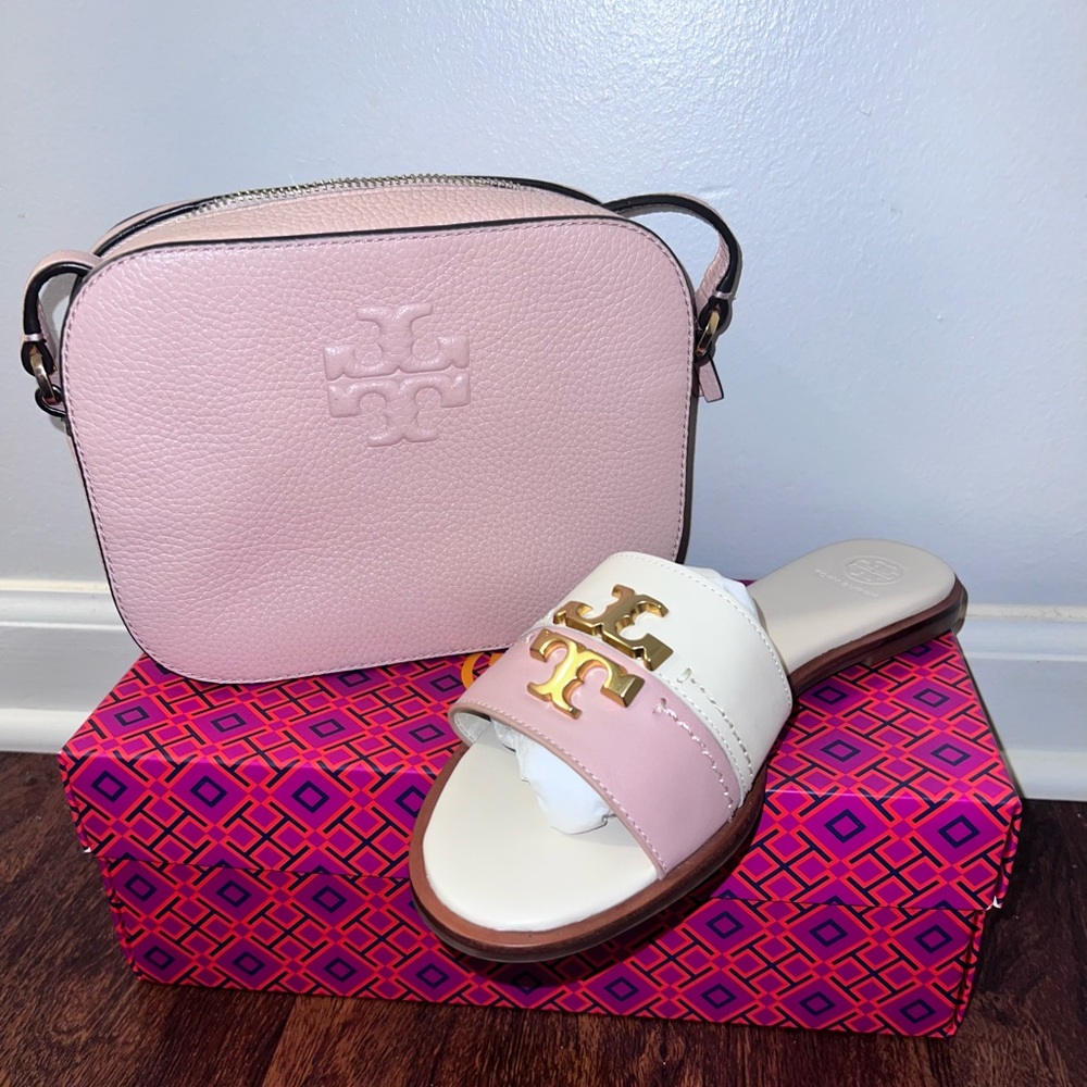 Tory Burch slides and purse combo